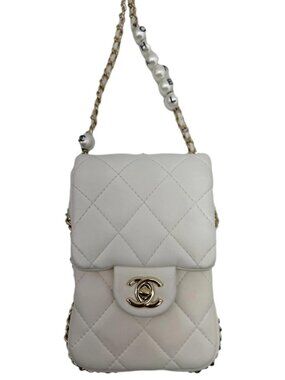 Chanel  Pearl Chain Quilted Lambskin Leather Phone Bag White